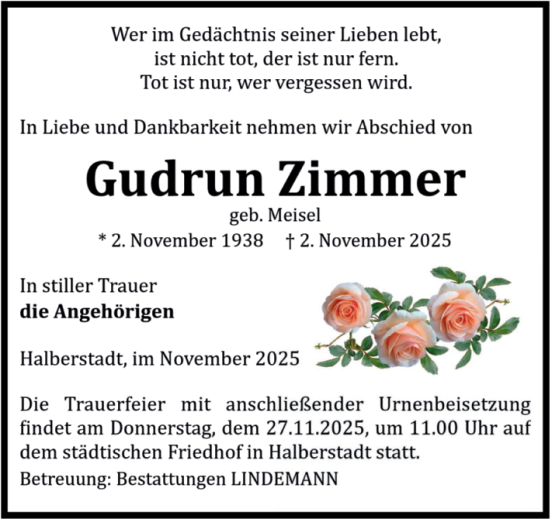 Traueranzeige von Gudrun Zimmer von Volksstimme Halberstadt