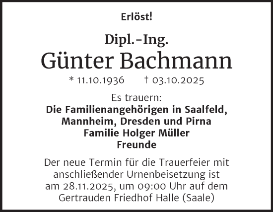 Traueranzeige von Günter Bachmann von Mitteldeutsche Zeitung Halle/Saalkreis