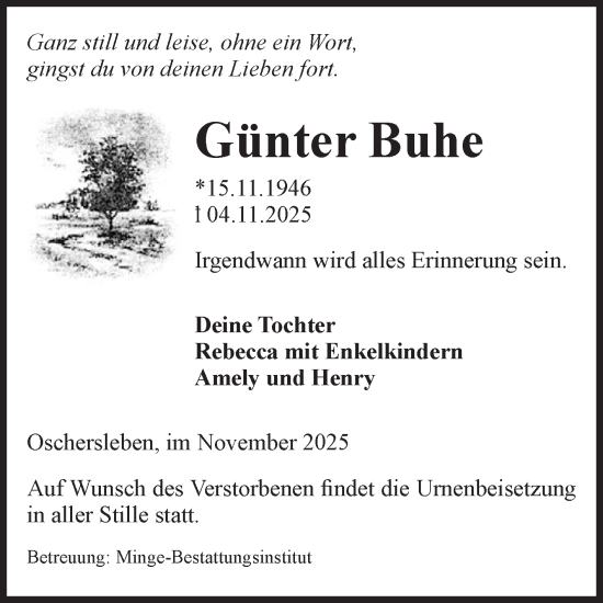 Traueranzeige von Günter Buhe von Volksstimme Oschersleben/Wanzleben