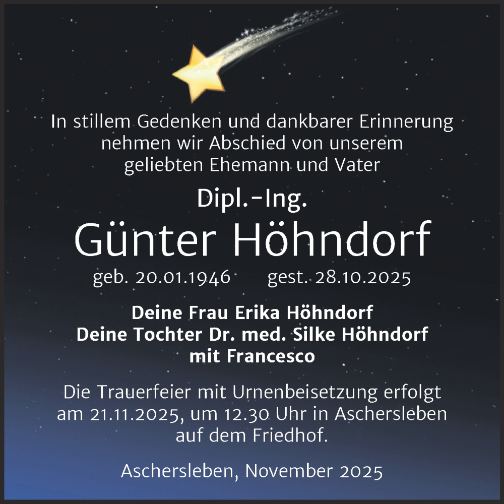  Traueranzeige für Günter Höhndorf vom 15.11.2025 aus Trauerkombi Aschersleben
