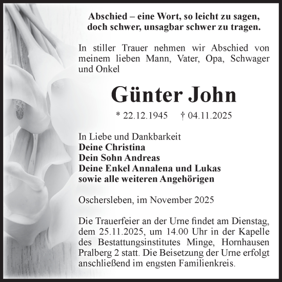 Traueranzeige von Günter John von Volksstimme Oschersleben/Wanzleben