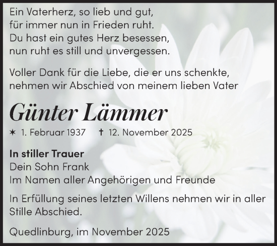 Traueranzeige von Günter Lämmer von Trauerkombi Quedlinburg