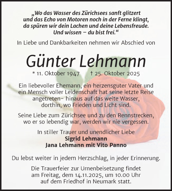 Traueranzeige von Günter Lehmann von Trauerkombi Merseburg