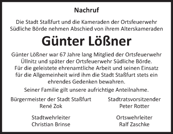 Traueranzeige von Günter Lößner von Volksstimme Staßfurt