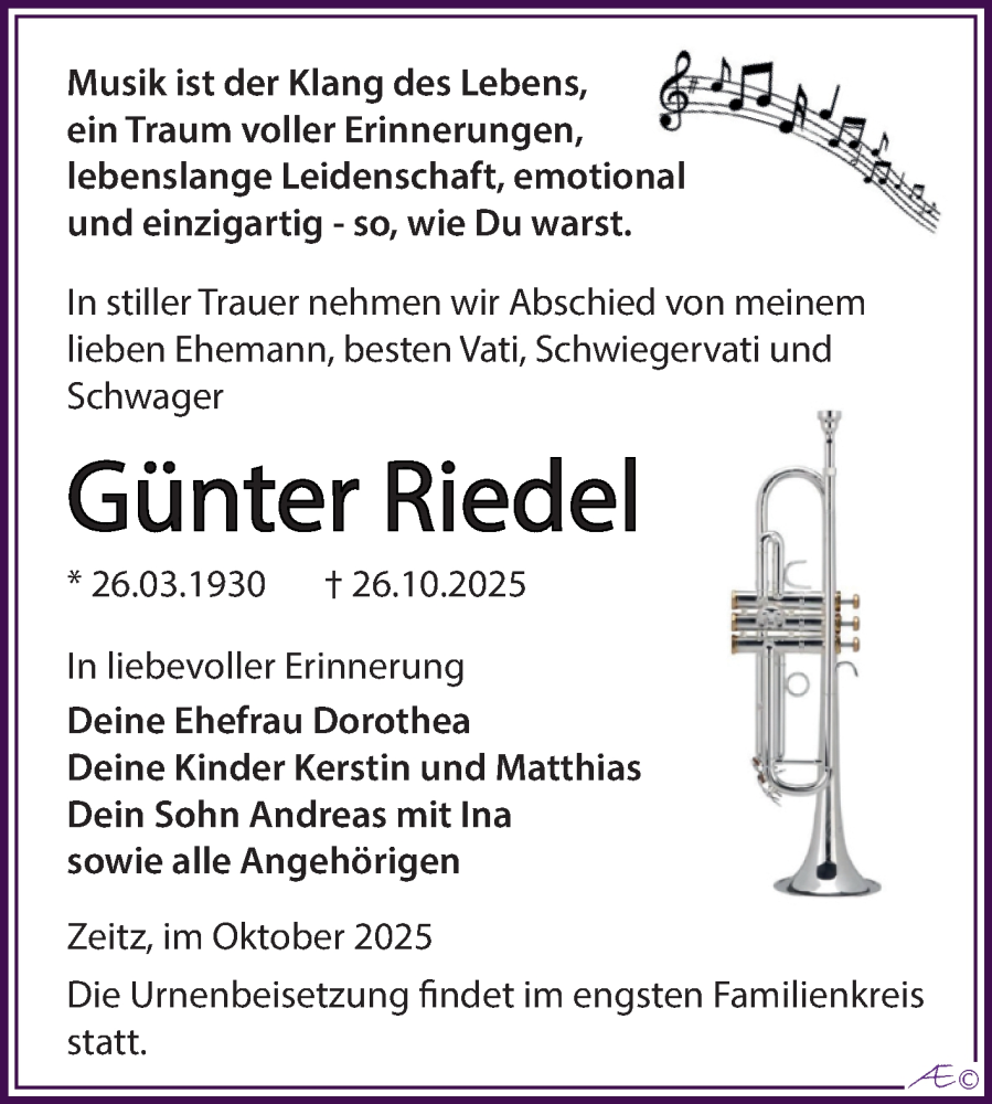  Traueranzeige für Günter Riedel vom 08.11.2025 aus Trauerkombi Zeitz