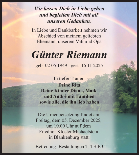 Traueranzeige von Günter Riemann von Volksstimme Wernigerode