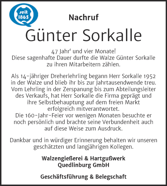 Traueranzeige von Günter Sorkalle von Mitteldeutsche Zeitung Quedlingburg