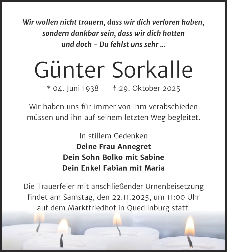  Traueranzeige für Günter Sorkalle vom 15.11.2025 aus Trauerkombi Quedlinburg