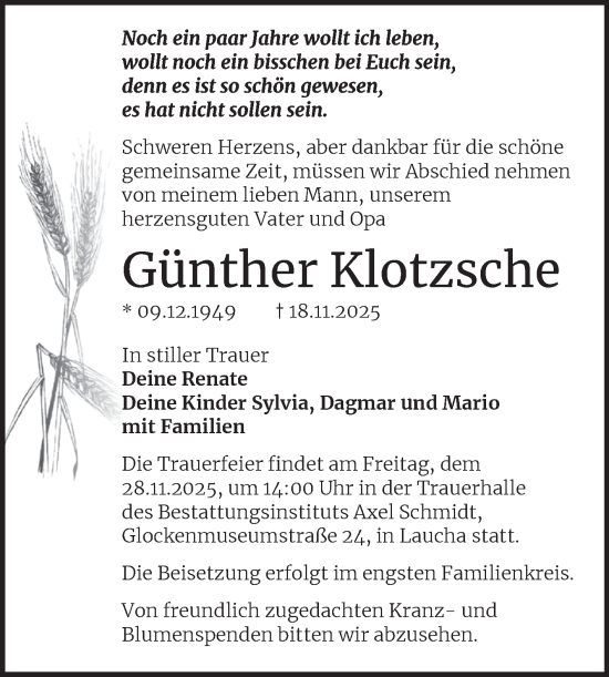 Traueranzeige von Günther Klotzsche von Mitteldeutsche Zeitung Merseburg/Querfurt