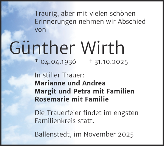 Traueranzeige von Günther Wirth von Trauerkombi Quedlinburg
