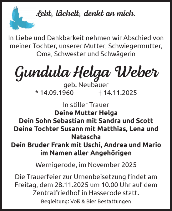 Traueranzeige von Gundula Helga Weber von Volksstimme Wernigerode