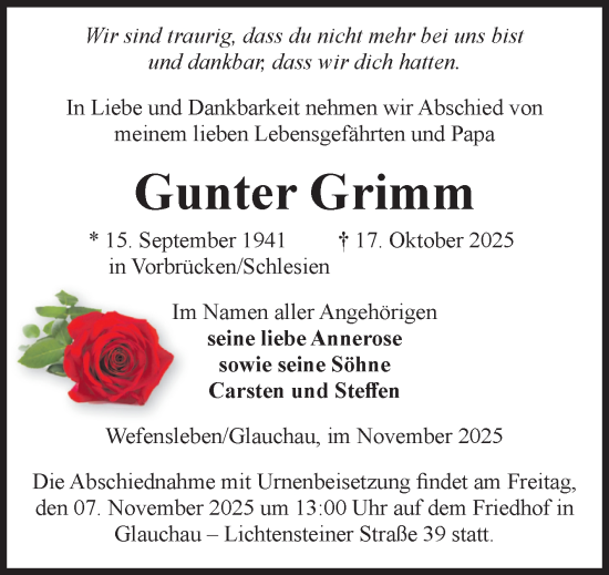 Traueranzeige von Gunter Grimm von Volksstimme Oschersleben/Wanzleben