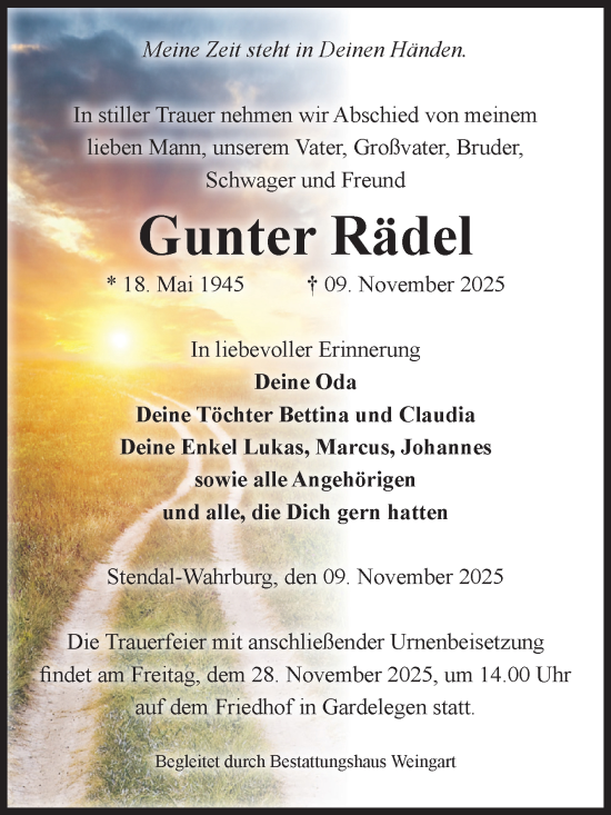 Traueranzeige von Gunter Rädel von Volksstimme Altmark Ost
