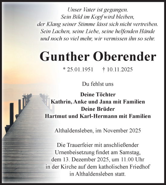 Traueranzeige von Gunther Oberender von Volksstimme Haldensleben/Wolmirstedt