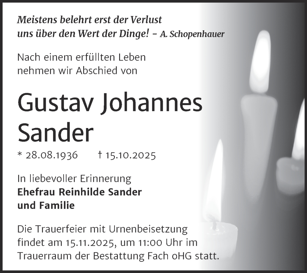  Traueranzeige für Gustav Johannes Sander vom 08.11.2025 aus Trauerkombi Merseburg