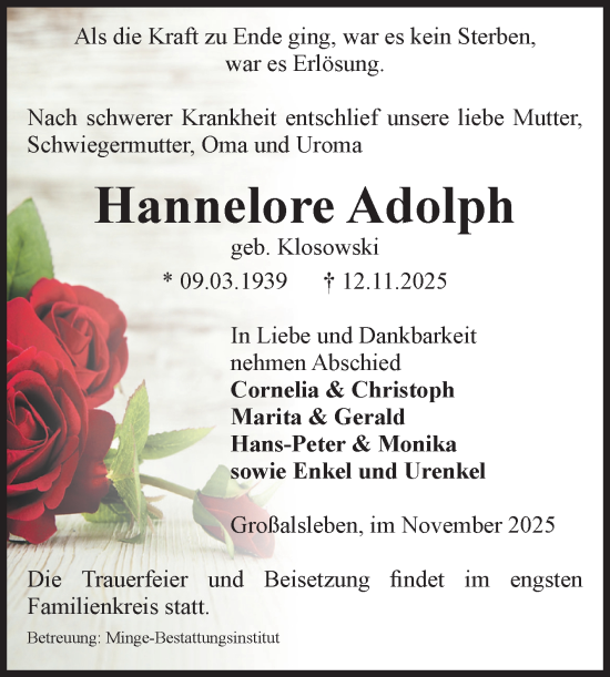 Traueranzeige von Hannelore Adolph von Volksstimme Oschersleben/Wanzleben