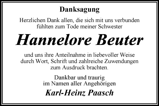 Traueranzeige von Hannelore Beuter von Trauerkombi Wittenberg