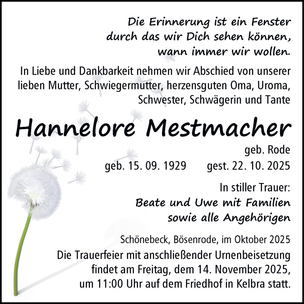  Traueranzeige für Hannelore Mestmacher vom 08.11.2025 aus Trauerkombi Sangerhausen