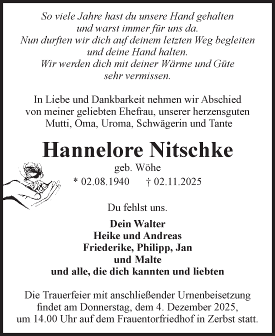 Traueranzeige von Hannelore Nitschke von Volksstimme Zerbst