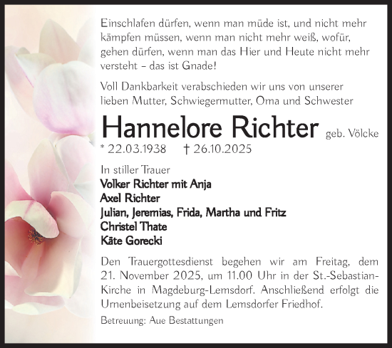 Traueranzeige von Hannelore Richter von Volksstimme Magdeburg
