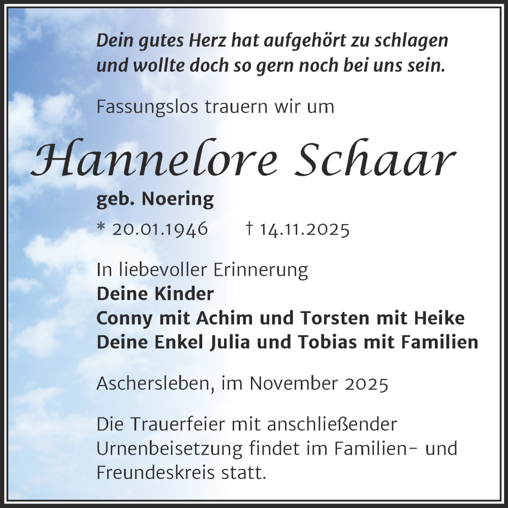  Traueranzeige für Hannelore Schaar vom 22.11.2025 aus Trauerkombi Aschersleben