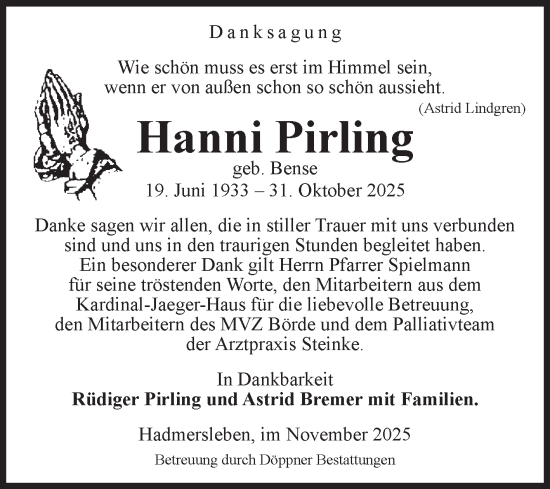 Traueranzeige von Hanni Pirling von Volksstimme Oschersleben/Wanzleben