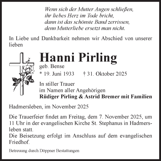 Traueranzeige von Hanni Pirling von Volksstimme Oschersleben/Wanzleben