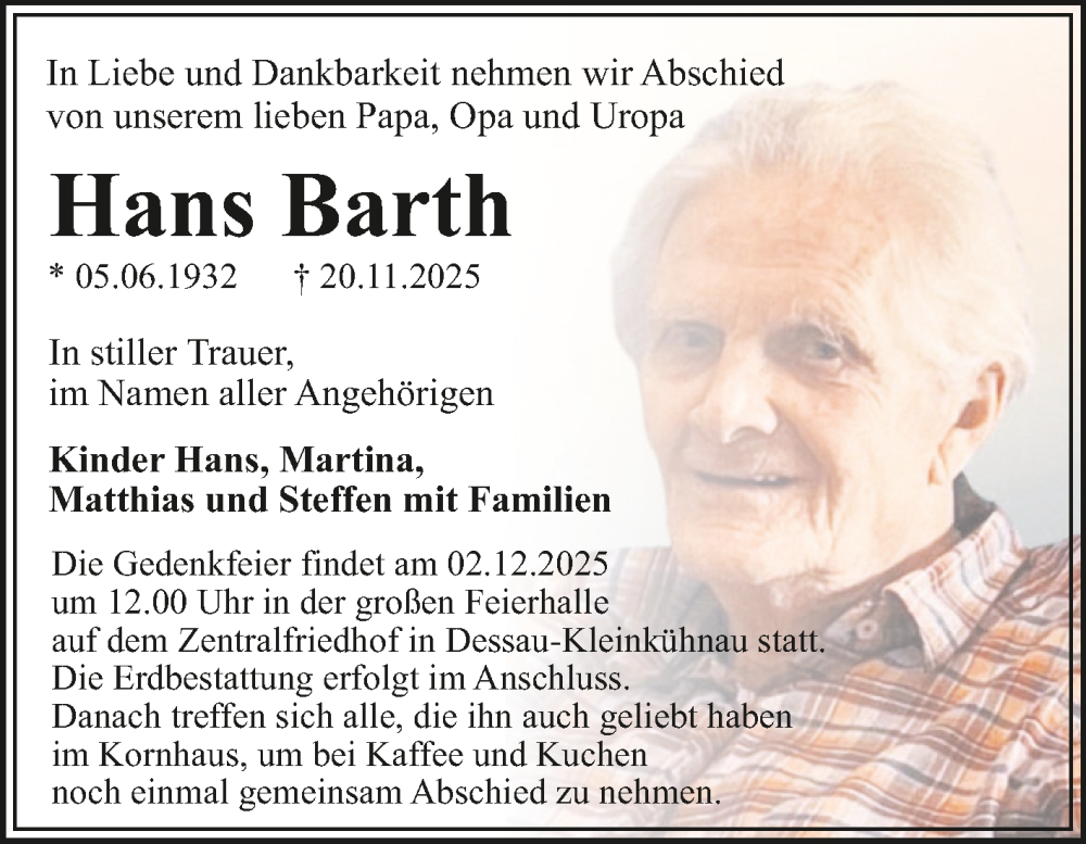  Traueranzeige für Hans Barth vom 22.11.2025 aus Trauerkombi Dessau
