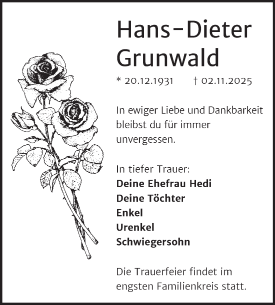 Traueranzeige von Hans-Dieter Grunwald von Mitteldeutsche Zeitung Halle/Saalkreis