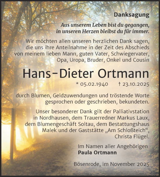 Traueranzeige von Hans-Dieter Ortmann von Trauerkombi Sangerhausen