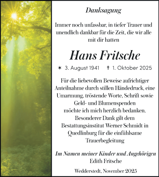 Traueranzeige von Hans Fritsche von Trauerkombi Quedlinburg
