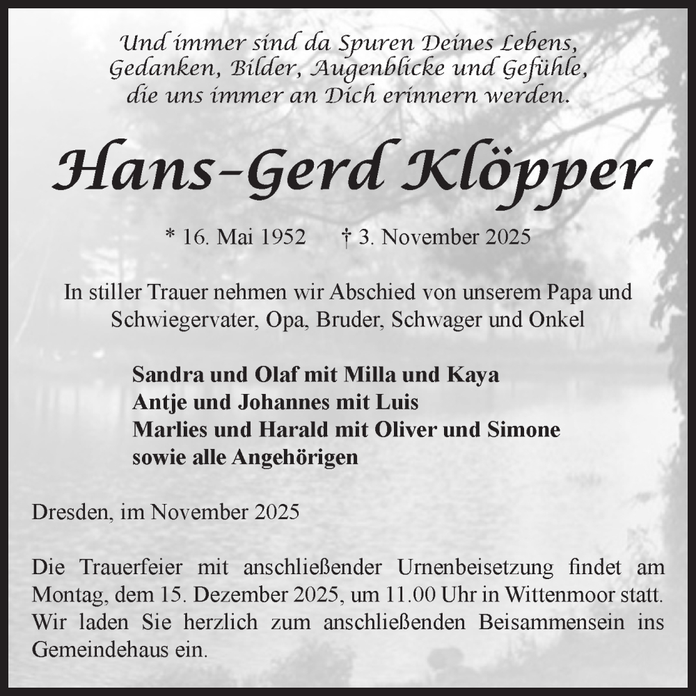  Traueranzeige für Hans-Gerd Klöpper vom 22.11.2025 aus Volksstimme Altmark Ost