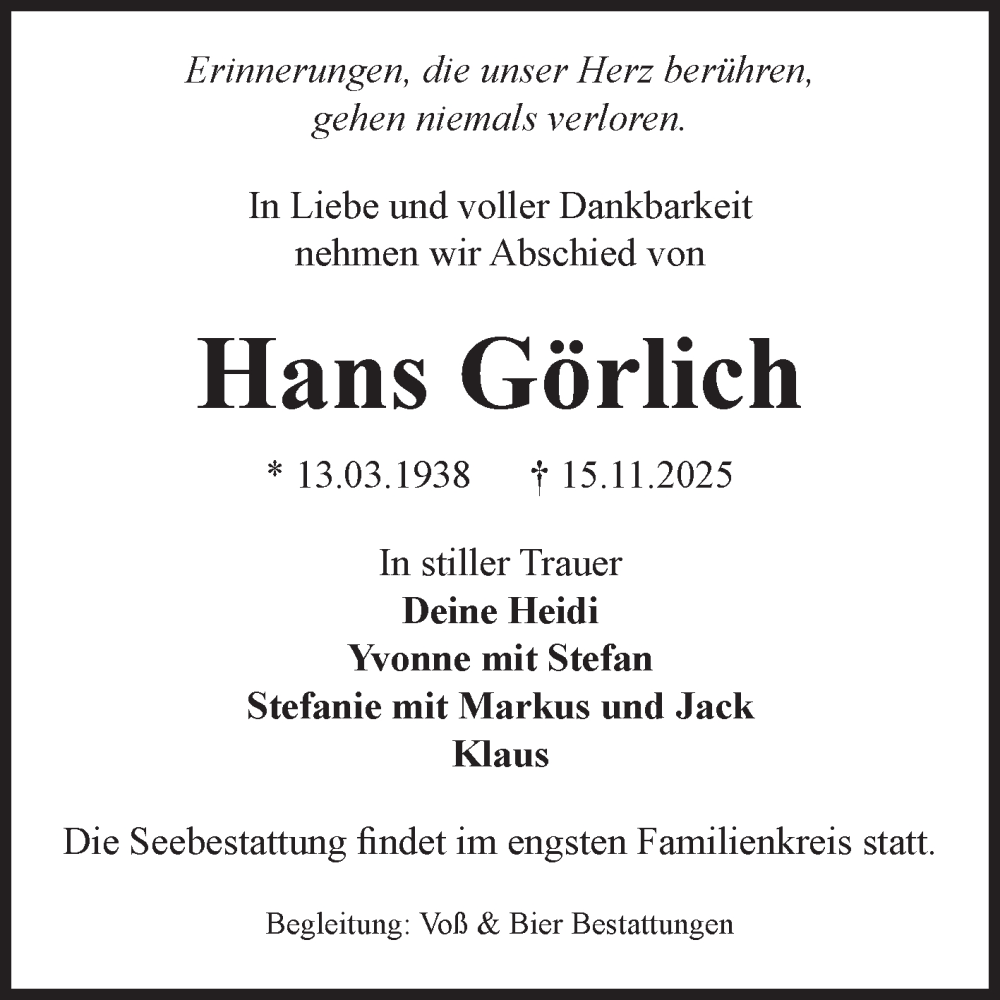  Traueranzeige für Hans Görlich vom 22.11.2025 aus Volksstimme Wernigerode