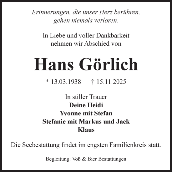 Traueranzeige von Hans Görlich von Volksstimme Wernigerode