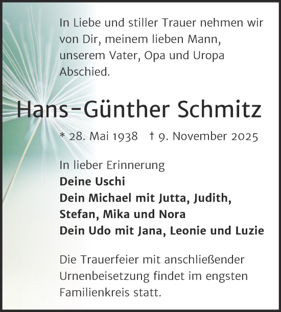Traueranzeige von Hans-Günther Schmitz von Mitteldeutsche Zeitung Halle/Saalkreis