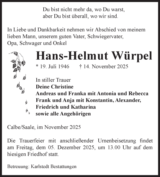 Traueranzeige von Hans-Helmut Würpel von Volksstimme Schönebeck