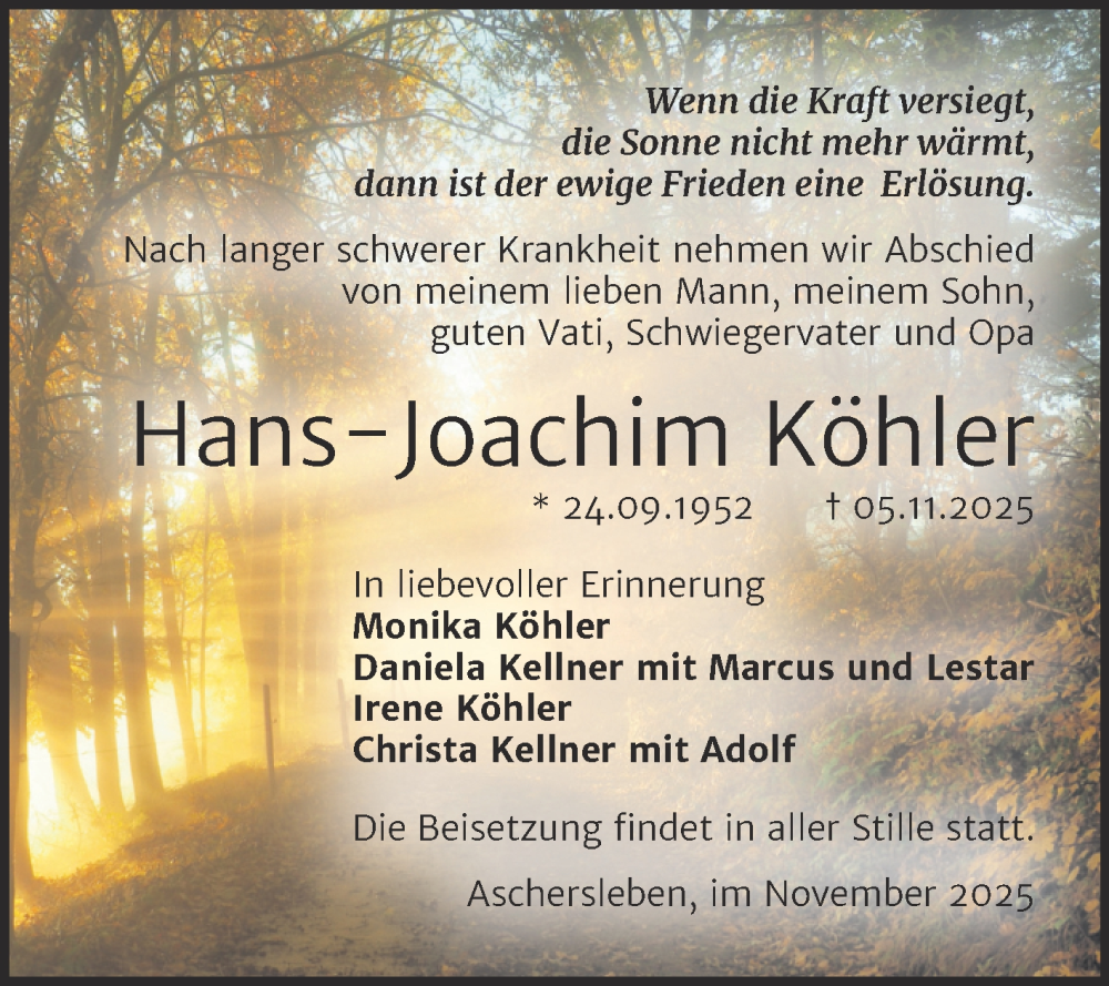  Traueranzeige für Hans-Joachim Köhler vom 15.11.2025 aus Trauerkombi Aschersleben