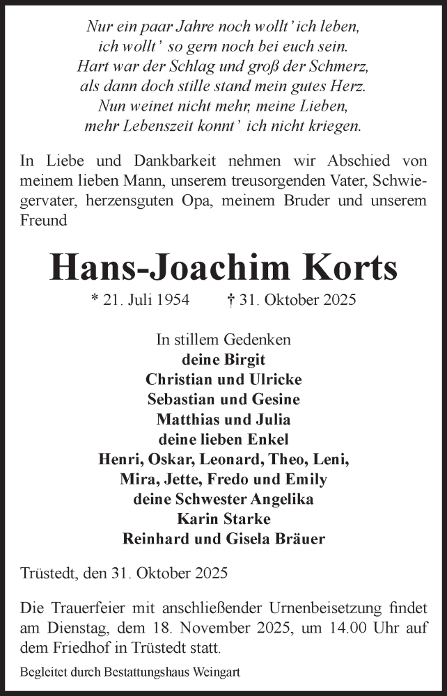  Traueranzeige für Hans-Joachim Korts vom 05.11.2025 aus Volksstimme Altmark West