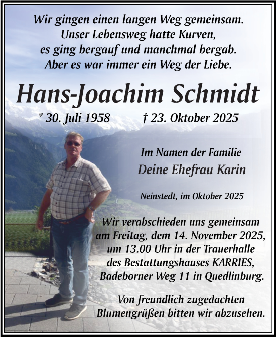 Traueranzeige von Hans-Joachim Schmidt von Trauerkombi Quedlinburg