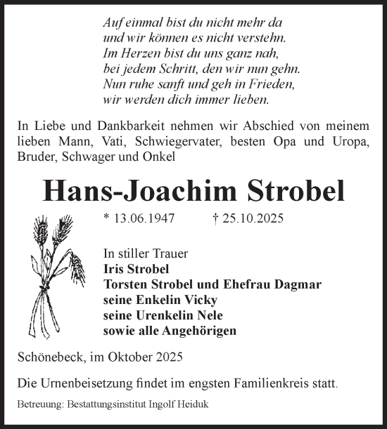 Traueranzeige von Hans-Joachim Strobel von Volksstimme Schönebeck