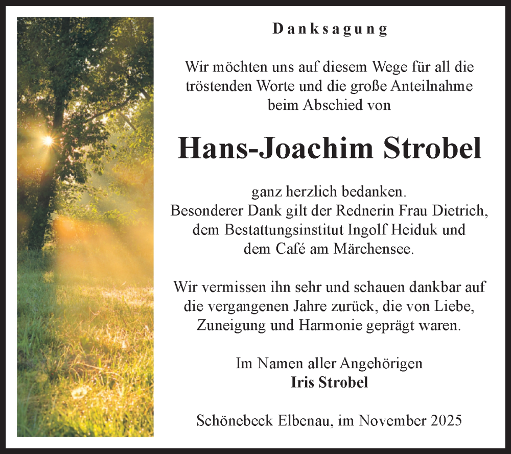  Traueranzeige für Hans-Joachim Strobel vom 22.11.2025 aus Volksstimme Schönebeck