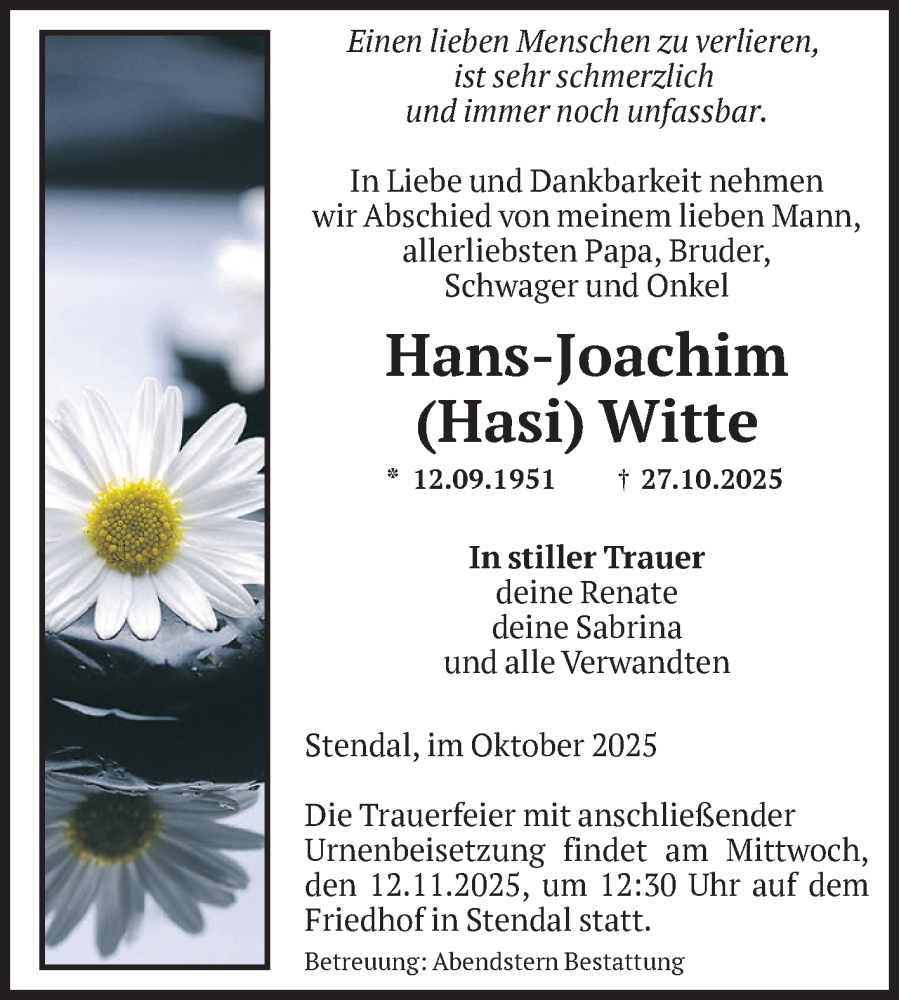  Traueranzeige für Hans-Joachim Witte vom 05.11.2025 aus Volksstimme Altmark Ost