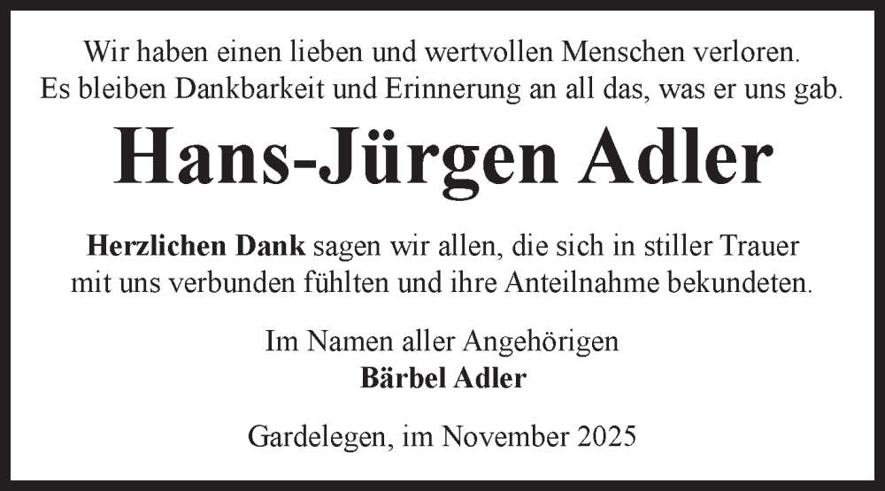  Traueranzeige für Hans-Jürgen Adler vom 08.11.2025 aus Volksstimme Altmark West