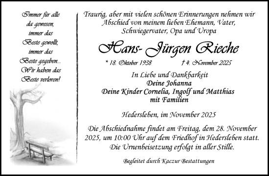 Traueranzeige von Hans-Jürgen Rieche von Super Sonntag Quedlingburg
