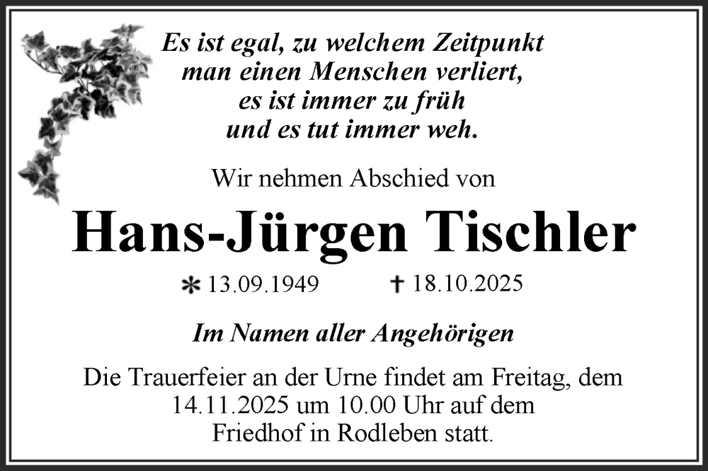  Traueranzeige für Hans-Jürgen Tischler vom 01.11.2025 aus Trauerkombi Dessau