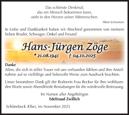 Traueranzeige von Hans-Jürgen Zöge von Volksstimme Schönebeck