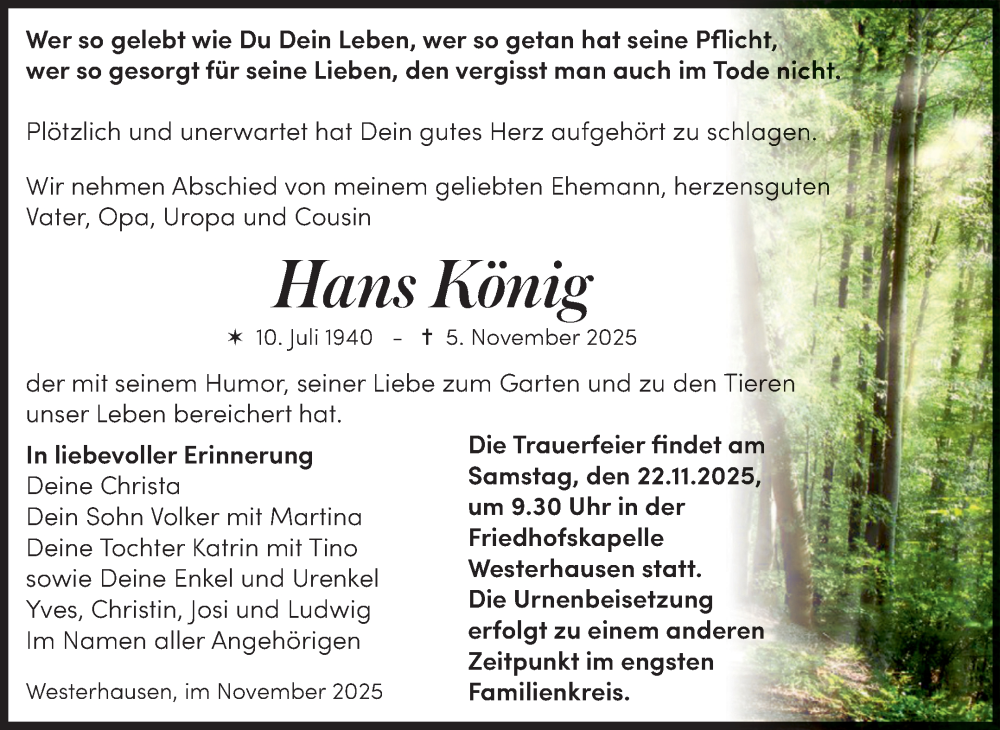  Traueranzeige für Hans König vom 15.11.2025 aus Trauerkombi Quedlinburg