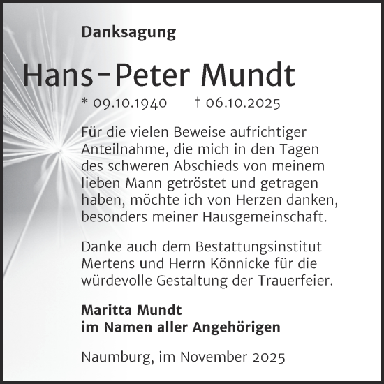 Traueranzeige von Hans-Peter Mundt von Naumburger Tageblatt