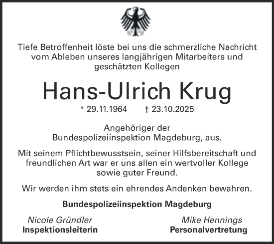 Traueranzeige von Hans-Ulrich Krug von Mitteldeutsche Zeitung Merseburg/Querfurt