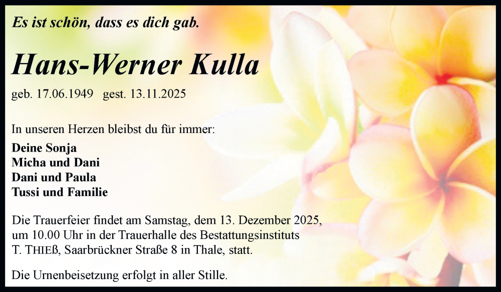  Traueranzeige für Hans-Werner Kulla vom 22.11.2025 aus Trauerkombi Quedlinburg